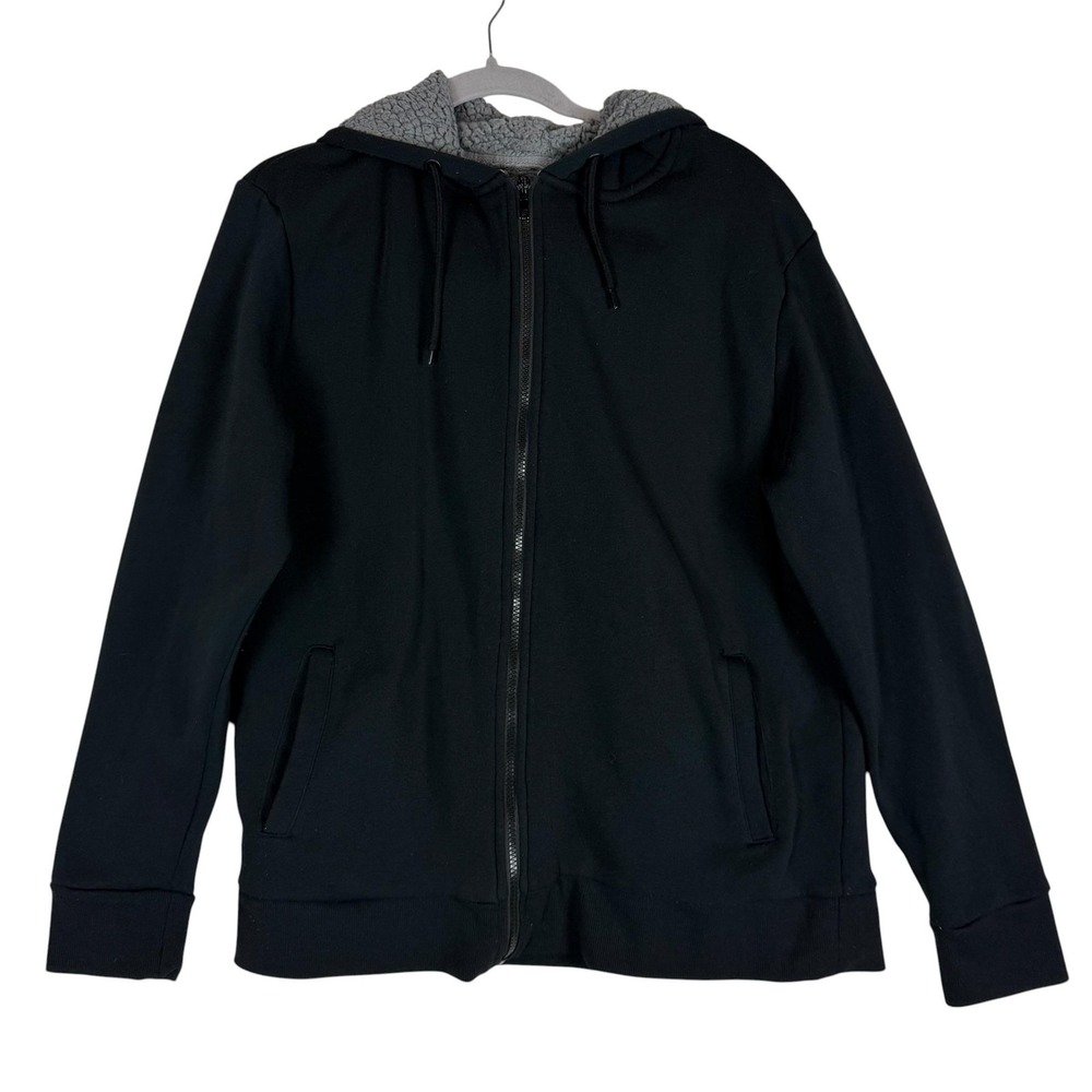 Urban Man Hoodie Mens Large Black Full Zip Fleece Sherpa Lined Pockets‎ Warm